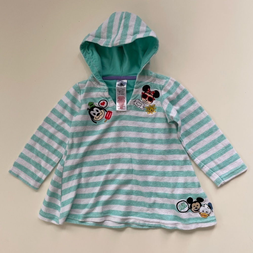 Disney Store Little Girls Green White Striped Hooded Beach Pool Coverup Size 4